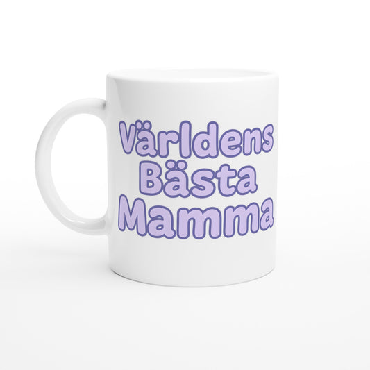 T-shirt med lekfull text 'Världens bästa mamma'. Mysig mugg i pastell-lila nyans och rund font.