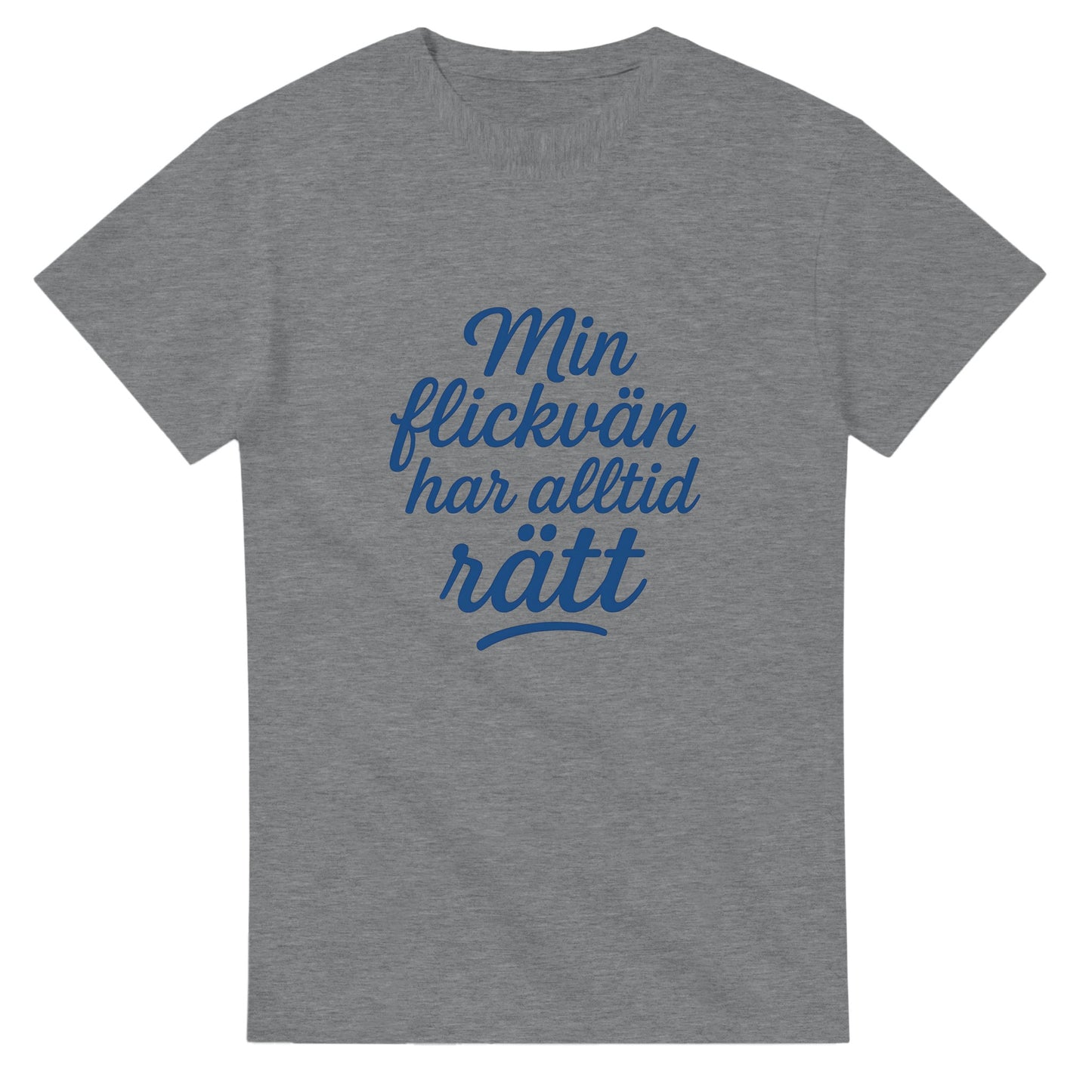 T-shirt med lekfull text: 'Min flickvän har alltid rätt' i elegant scriptfont och snygg blå färg.