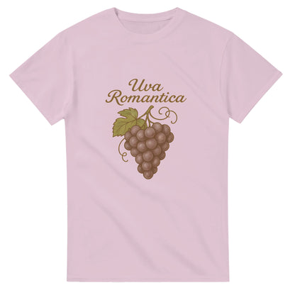 T-shirt med retrostil, 'Uva Romantica' på italienskt manér ovanför, romantisk druvklase.