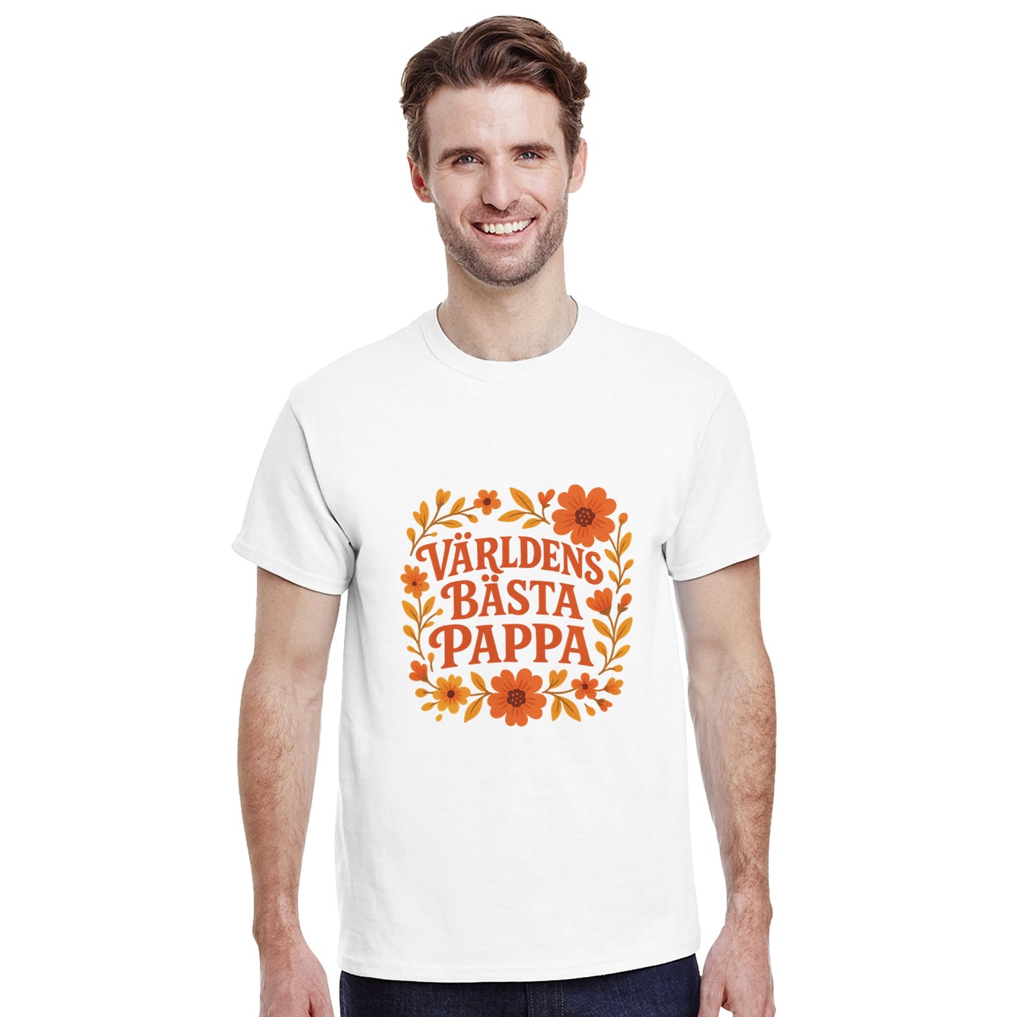 T-shirt med blommig hyllning till pappa. Färgglada blommor omger texten världens bästa pappa. Perfekt kärleksfull gåva!