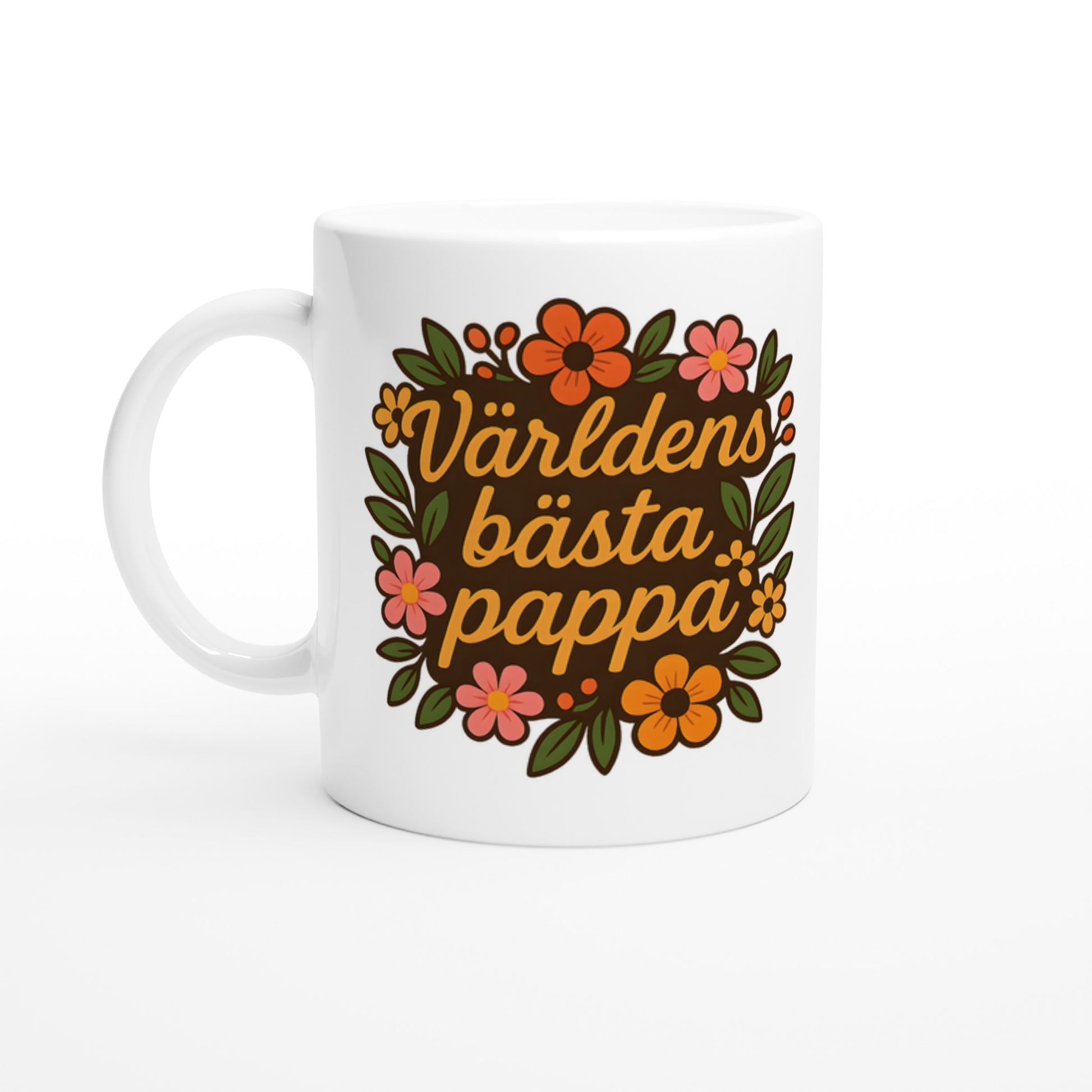 Mugg med texten 'Världens bästa pappa' och blomstermönster, perfekt för morgonkaffet.