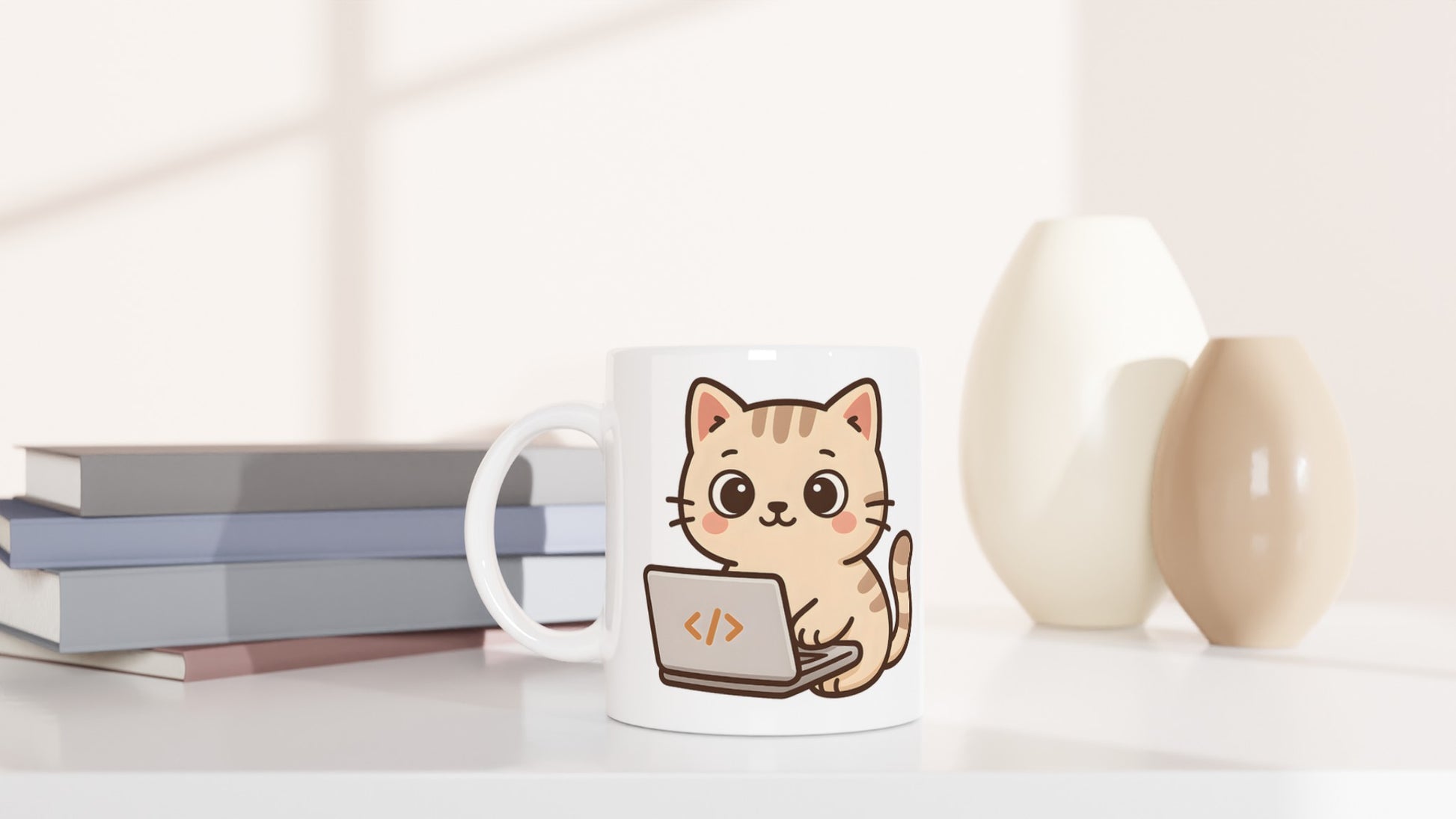 Mugg med katt som kodar på laptop. Perfekt för programmerare!