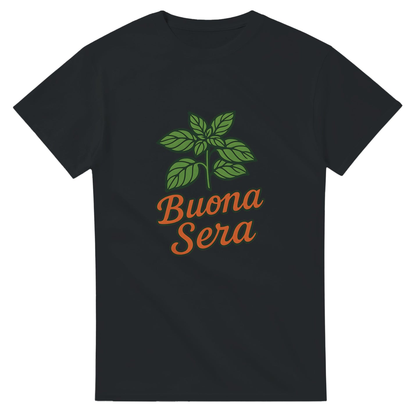 T-shirt med grön basilika & texten 'Buona Sera' i varm orange. Perfekt för dig som älskar italiensk mat & avslappnad stil.