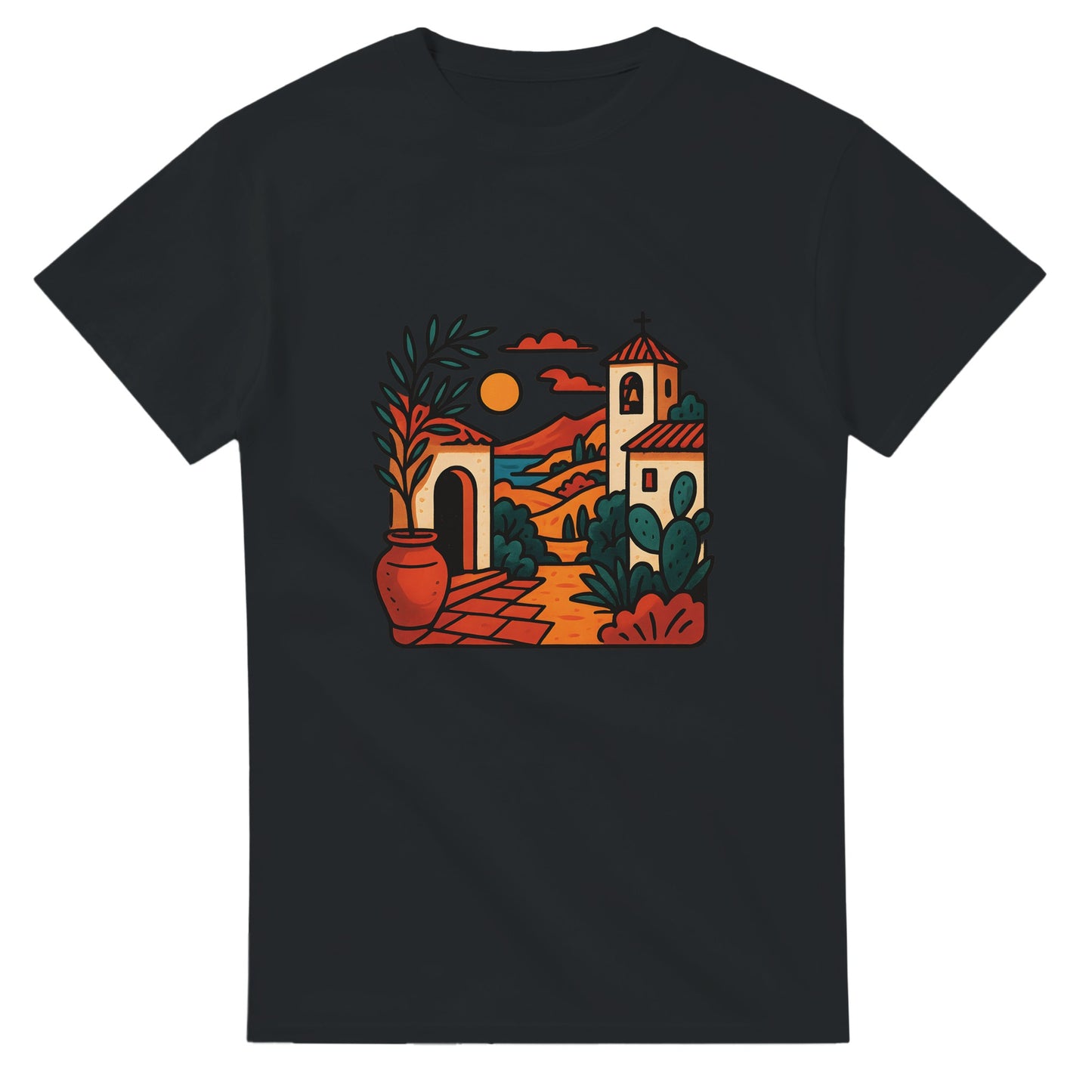 T-shirt med konstnärlig design som fångar Medelhavets charm och Spaniens varma kultur.