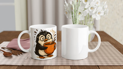 Stressad pingvin dricker kaffe - perfekt för morgonhumöret!