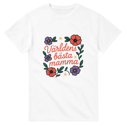 Chic T-shirt med blommönster och 'Världens bästa mamma' i mjukt typsnitt. Perfekt för alla mammor.