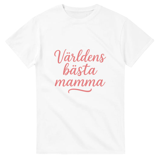 T-shirt med texten 'Världens bästa mamma' i svungen handskrift och varm rosa färg. Perfekt present till den bästa mamman!