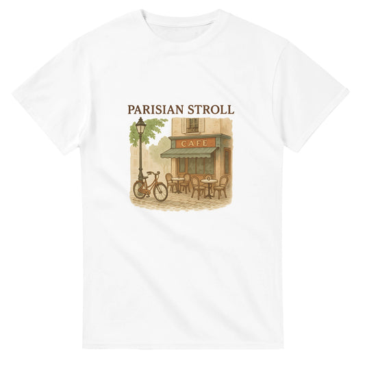 Fransk gata i retrostil på T-shirt för en nostalgisk promenad i Paris.