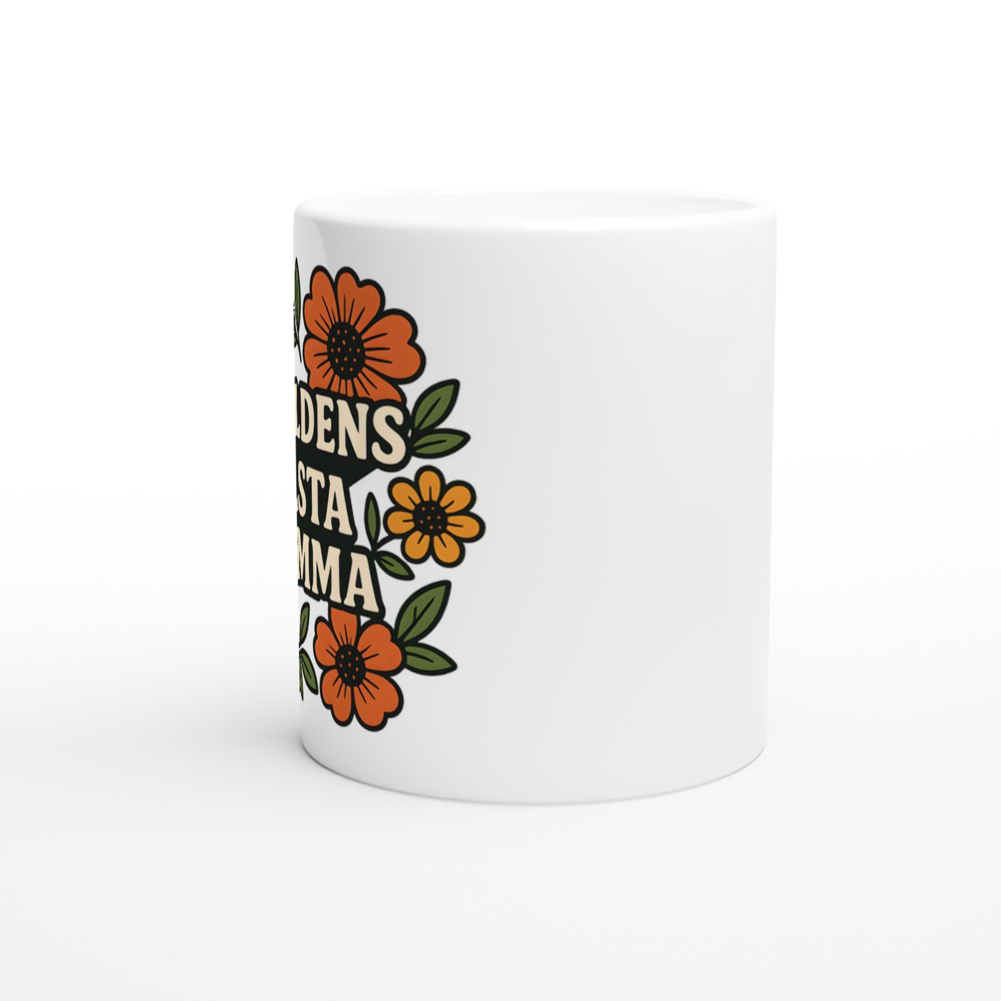 Mugg med blommor i varma toner och kärleksfull text för att fira världens bästa mamma. Blommande Mammas Kärlek.