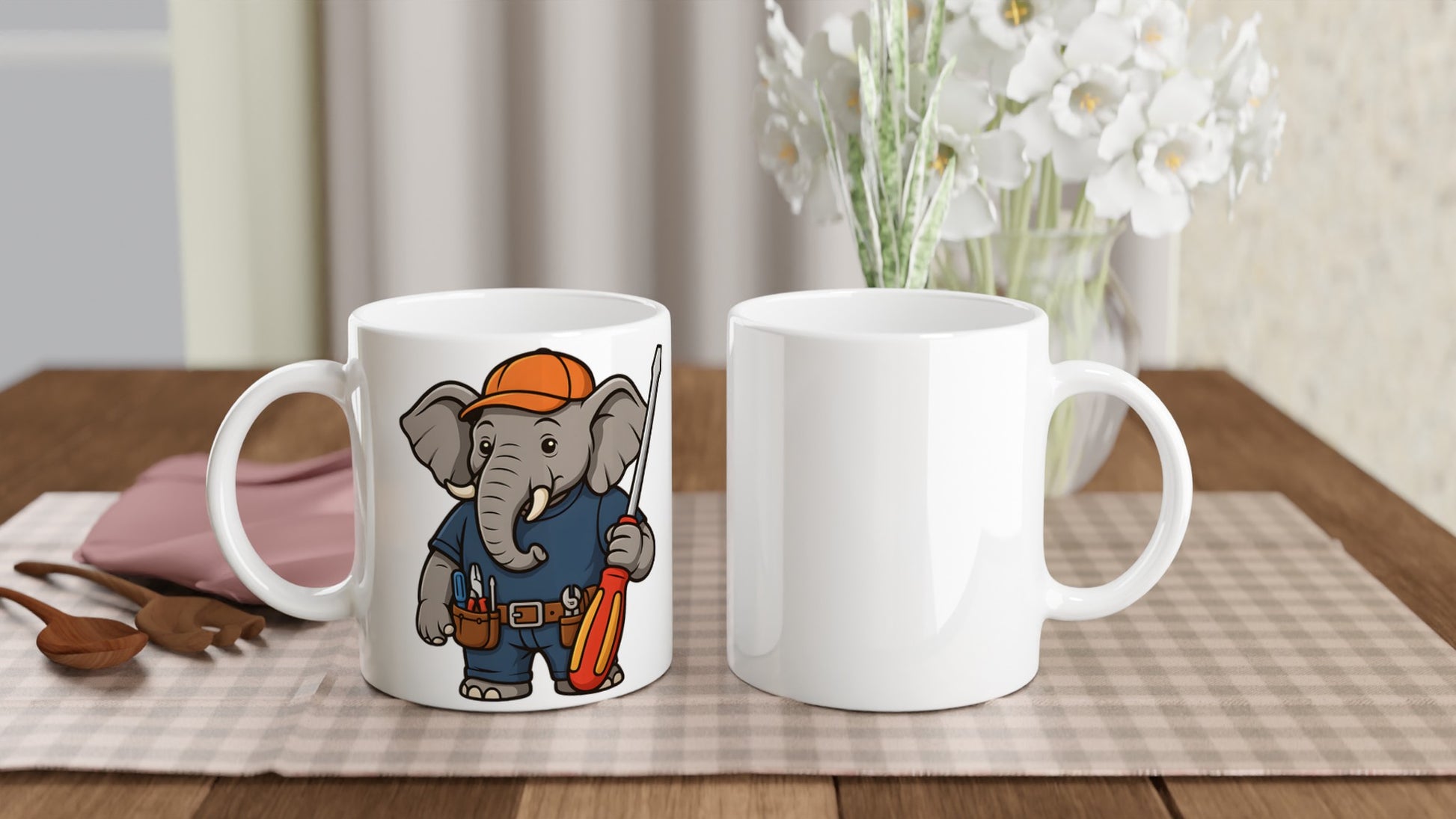 Elefant som elektriker med verktygsbälte och stor skruvmejsel. Perfekt för elefant- och elälskare!