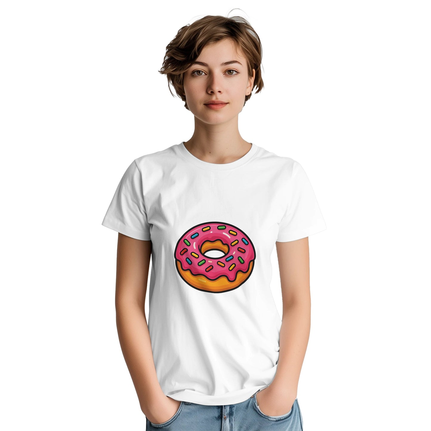 T-shirt med glansig, sockrig donut. Perfekt för fikaälskaren. Färgglad design.