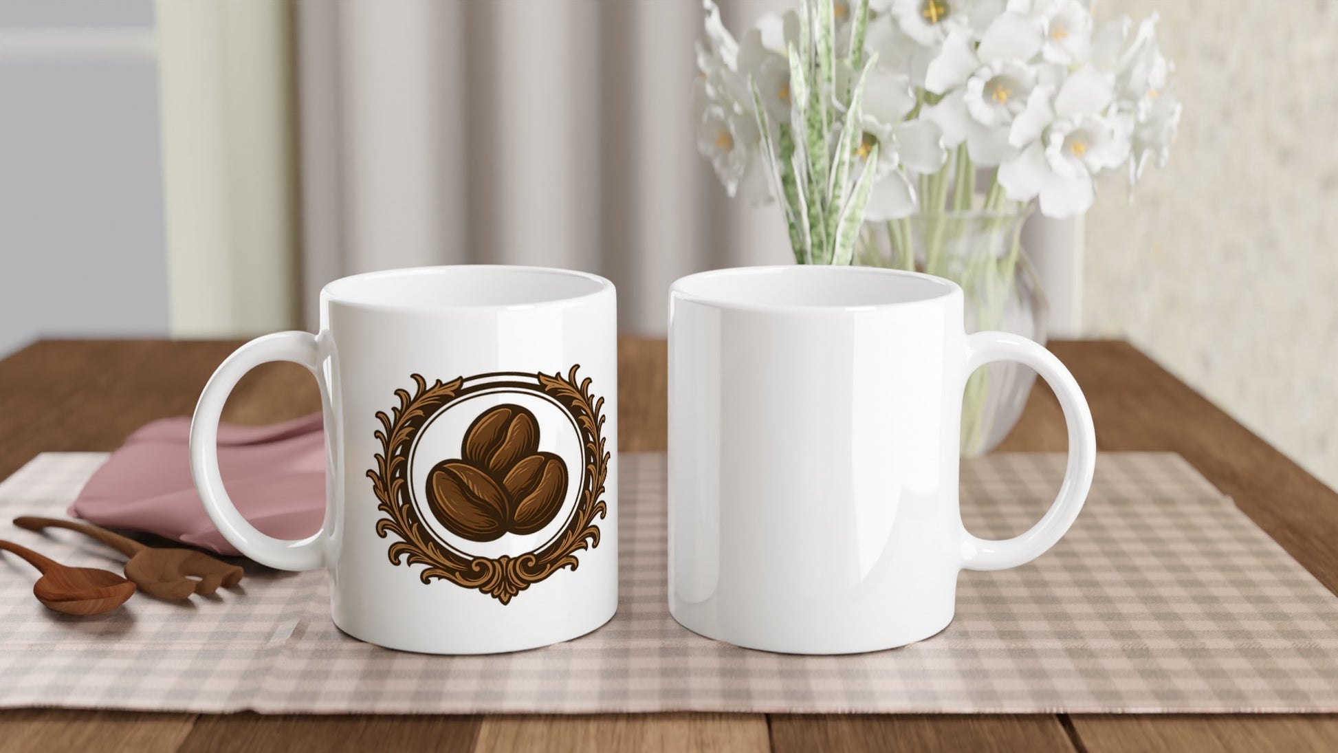 Mugg med antik emblem och kaffebönor, perfekt för retroälskande kaffeentusiaster.