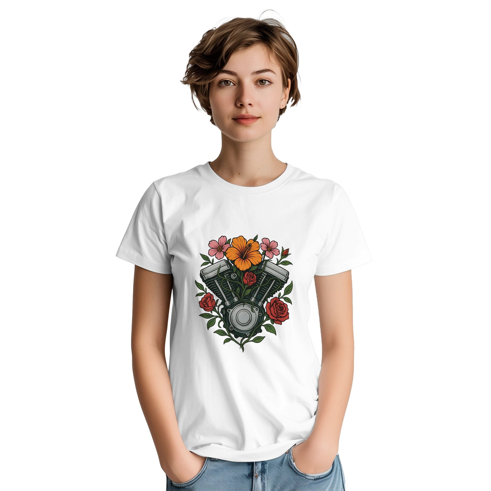 T-shirt med Speed Blossom-motiv, blommor runt motor, symbol för styrka och skönhet, motiverande text.