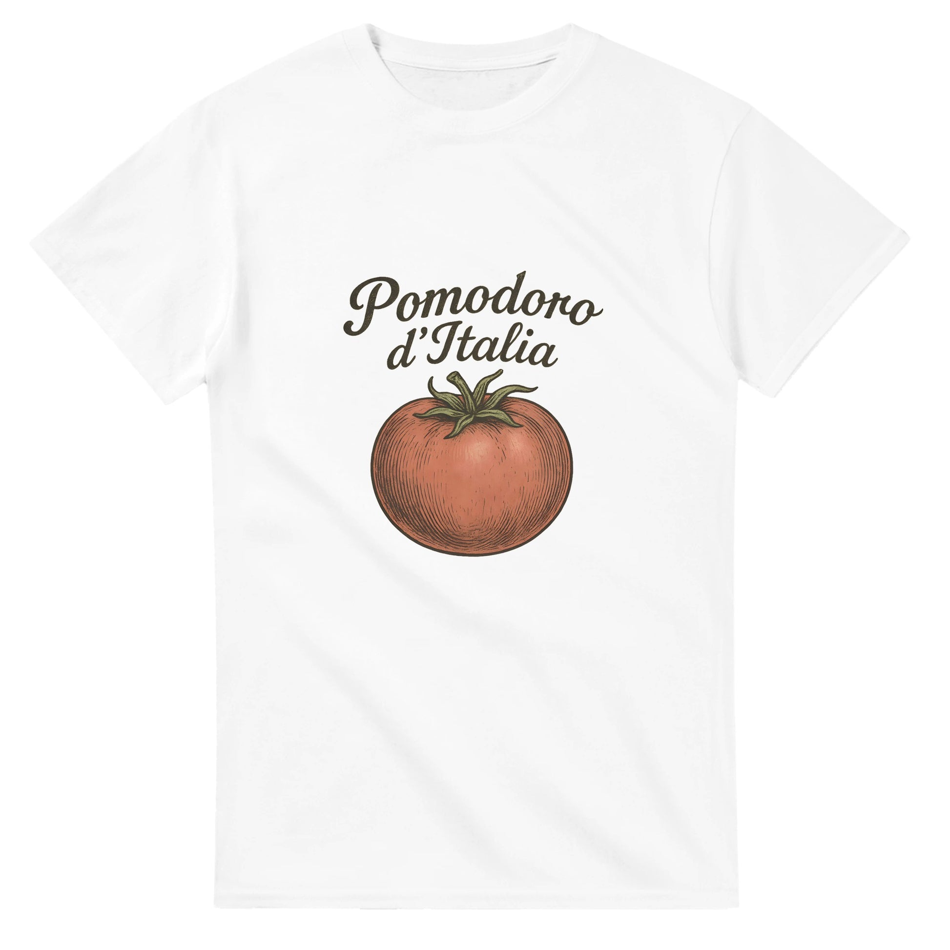 T-shirt med vintage tomatmotiv och texten 'Pomodoro d’Italia' i kurvig italiensk typografi.