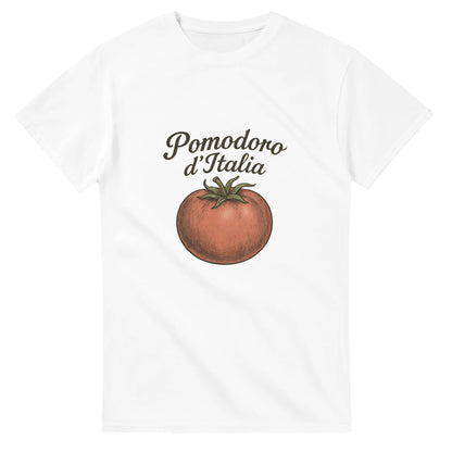T-shirt med vintage tomatmotiv och texten 'Pomodoro d’Italia' i kurvig italiensk typografi.