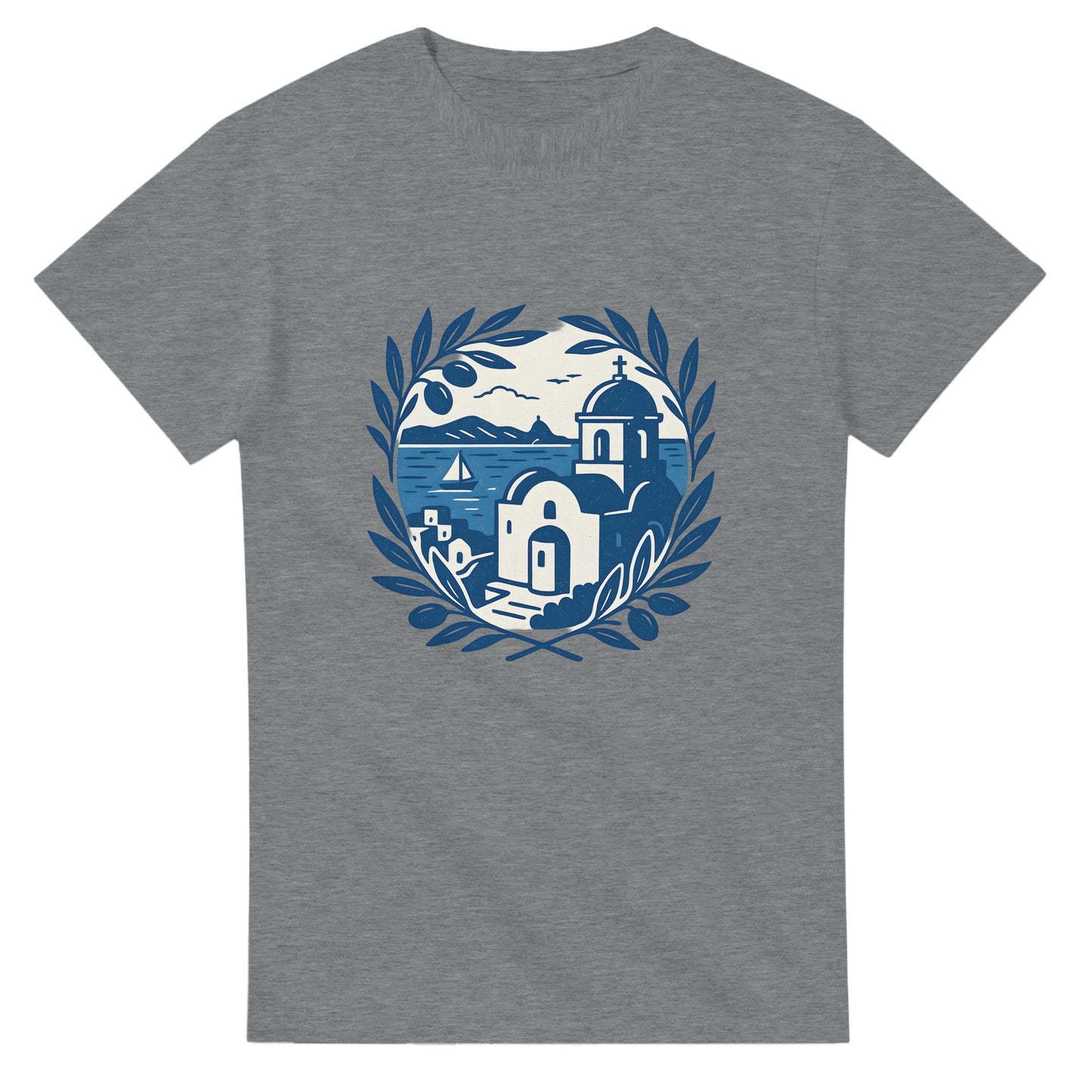 Vintage T-shirt med blåvitt kustlandskap för dig som älskar Greklands charm. Upplev Greklands kust varje dag.