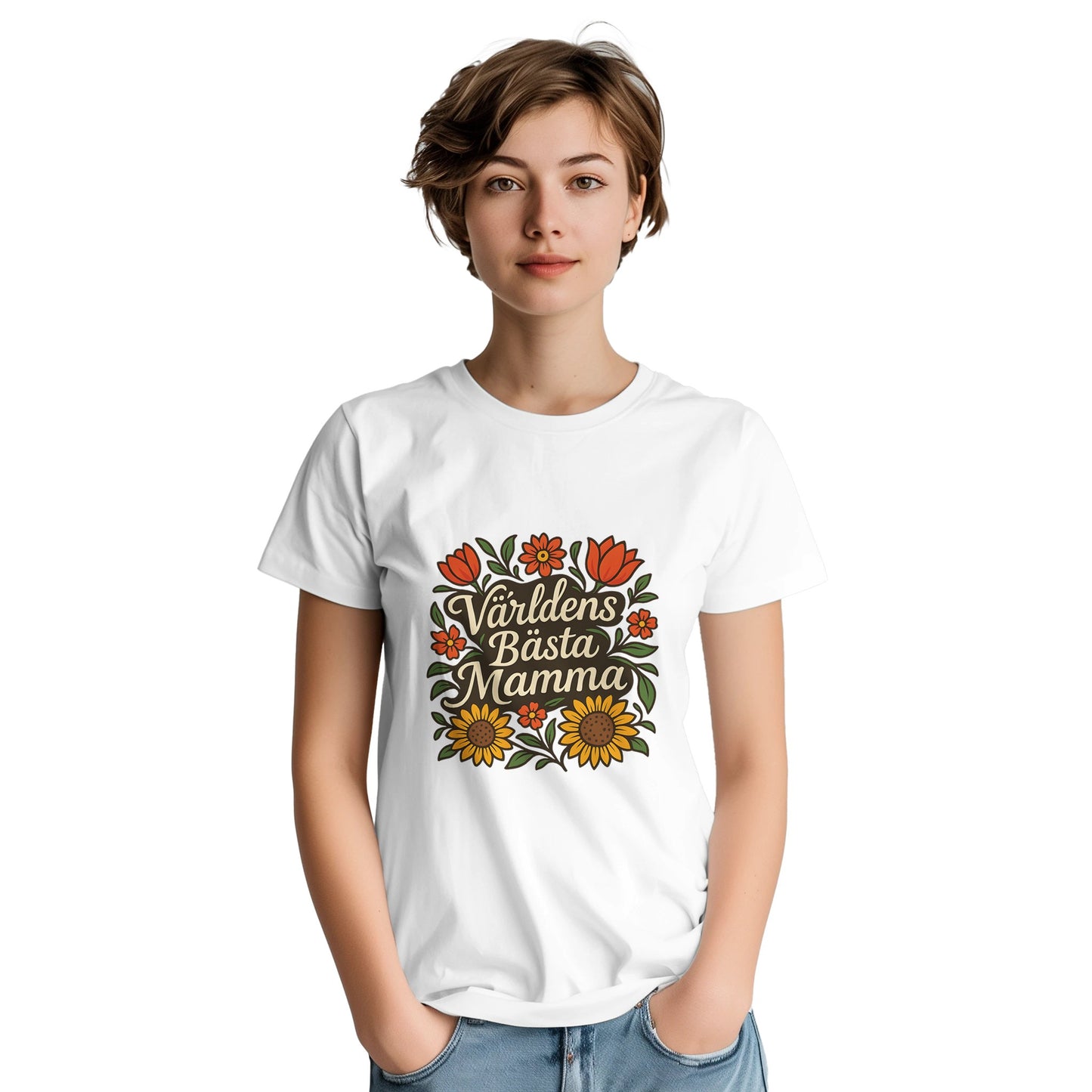 Mamma i Blom T-shirt med stilfulla blommor och elegant text. En design som verkligen sticker ut.