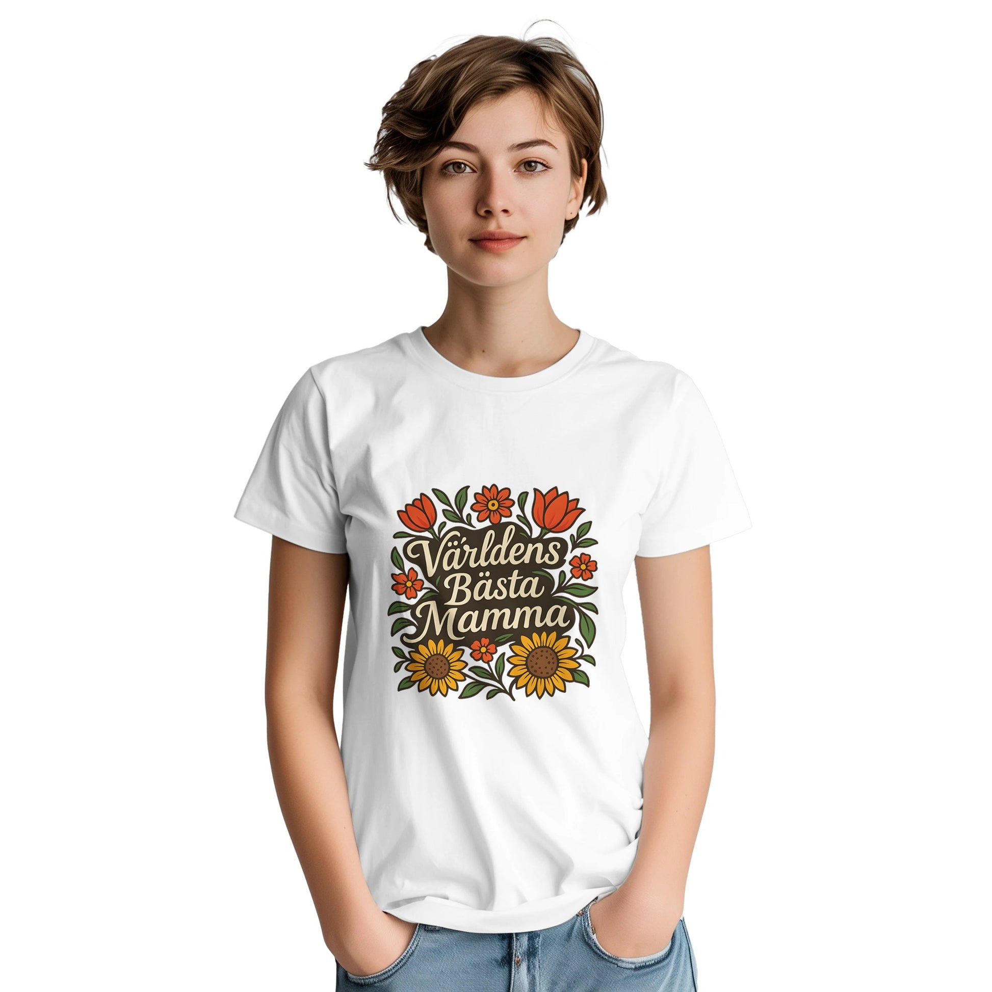 Mamma i Blom T-shirt med stilfulla blommor och elegant text. En design som verkligen sticker ut.