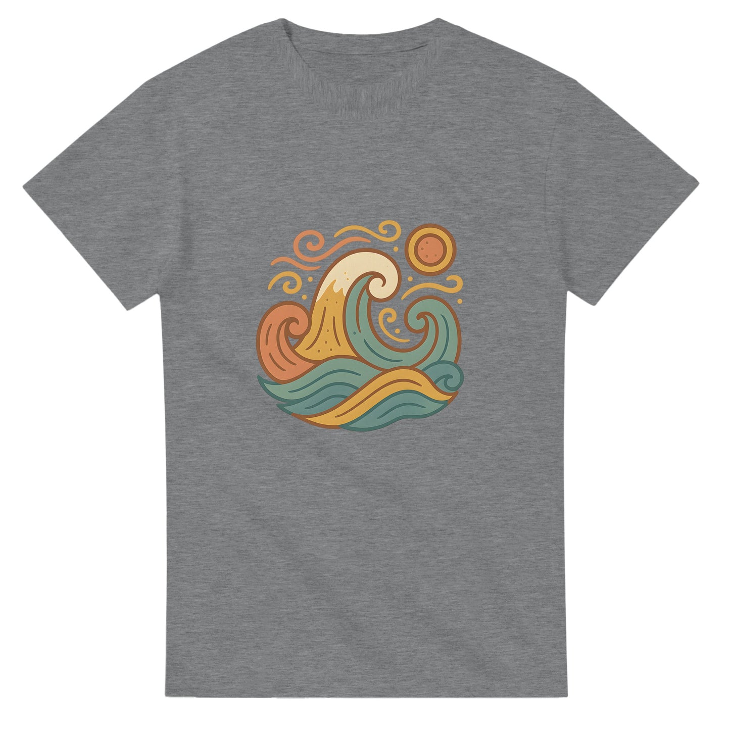 T-shirt med spanska vindar, stiliserade vågor och dämpade medelhavsnyanser. Fångar känslan av varma vindar i Spanien.