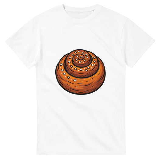 En T-shirt med en kanelbulle på en blå bakgrund, perfekt för kanelbulleälskare.