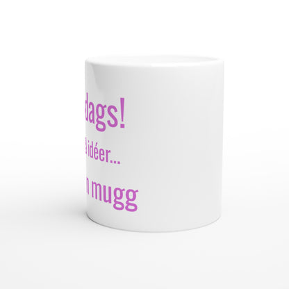 En mugg med texten Fikadags! på en bakgrund av kaffe och kanelbullar. Perfekt för en mysig fikastund.
