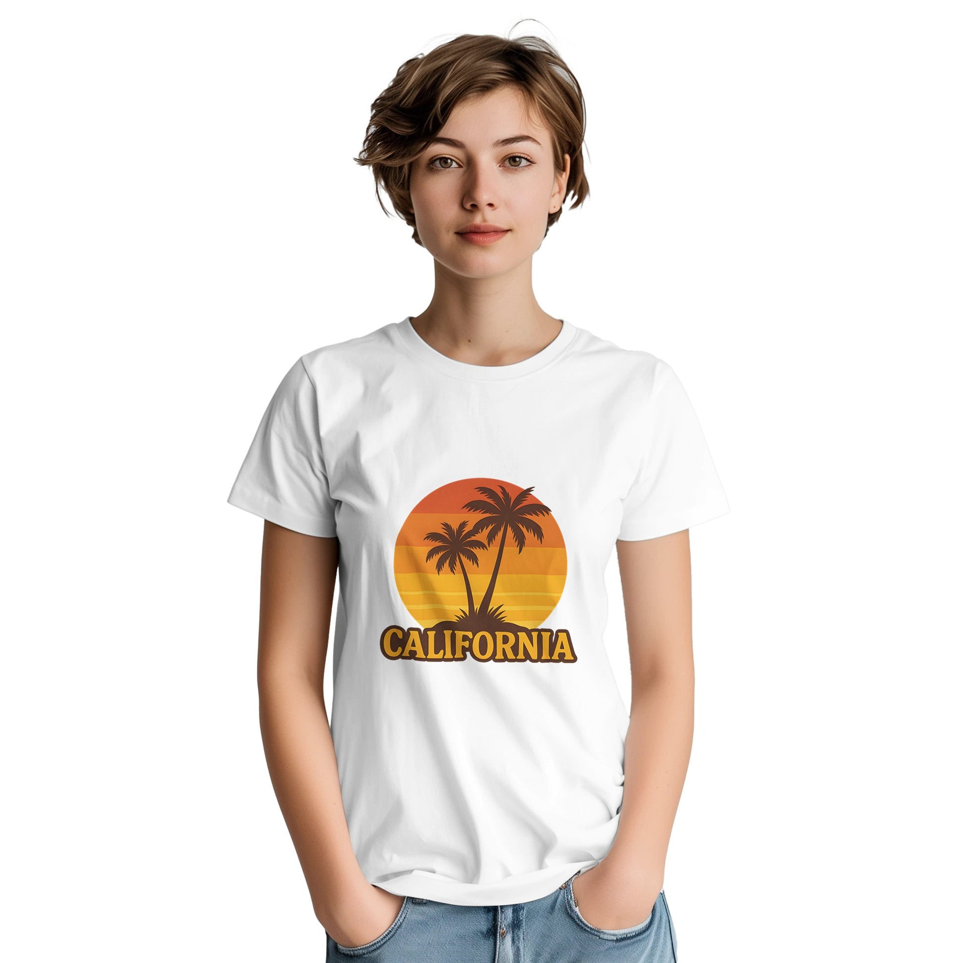 Vintage T-shirt med palmer mot solnedgång och citrusfärger, fantasifull och unik.