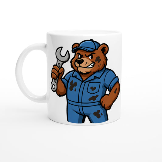Mugg med björn och skiftnyckel, perfekt för natur- och maskinälskare. Upplev styrkan i garaget med denna unika mugg.