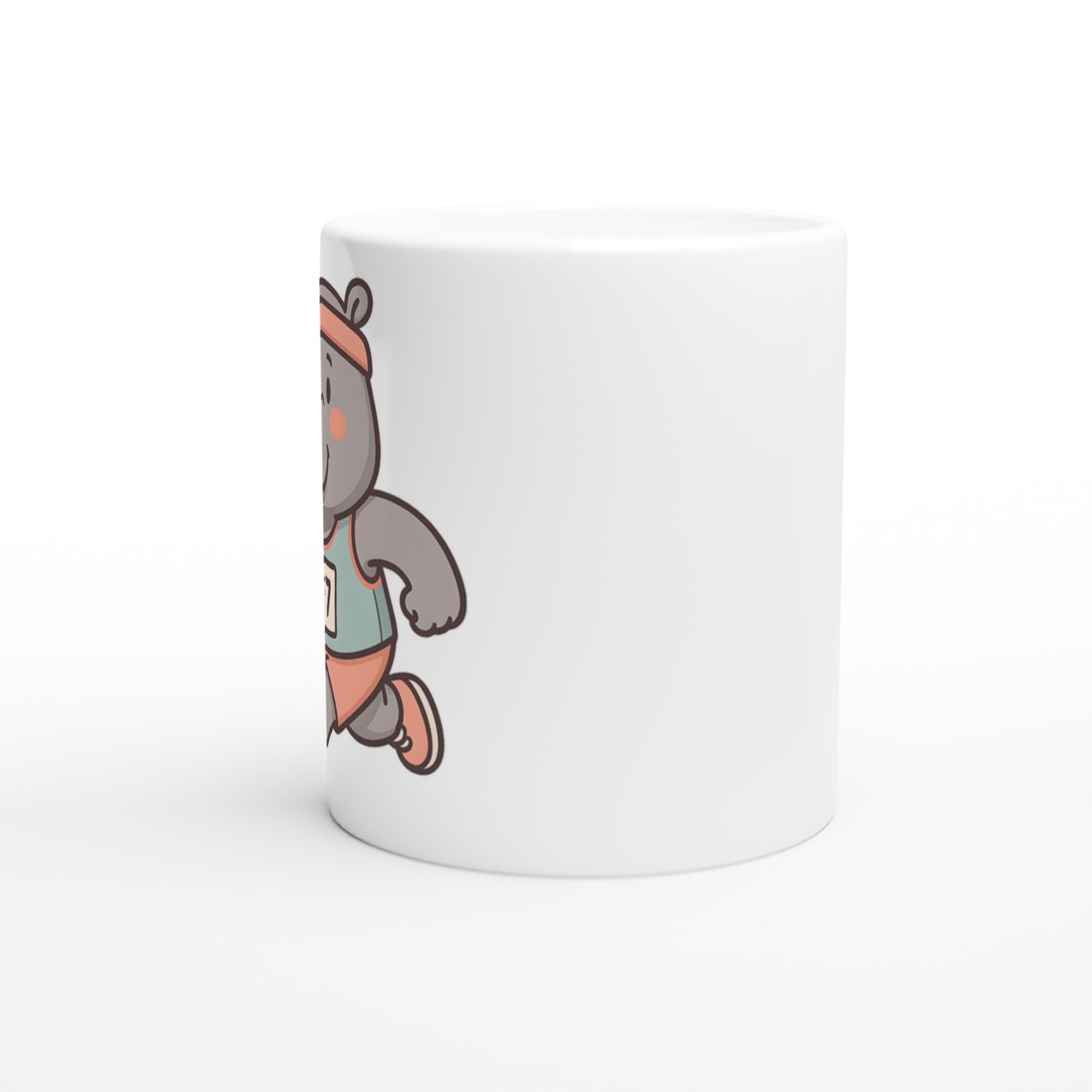 Mugg med rolig flodhäst i löparlinne och pannband, perfekt för att starta dagen med ett leende.