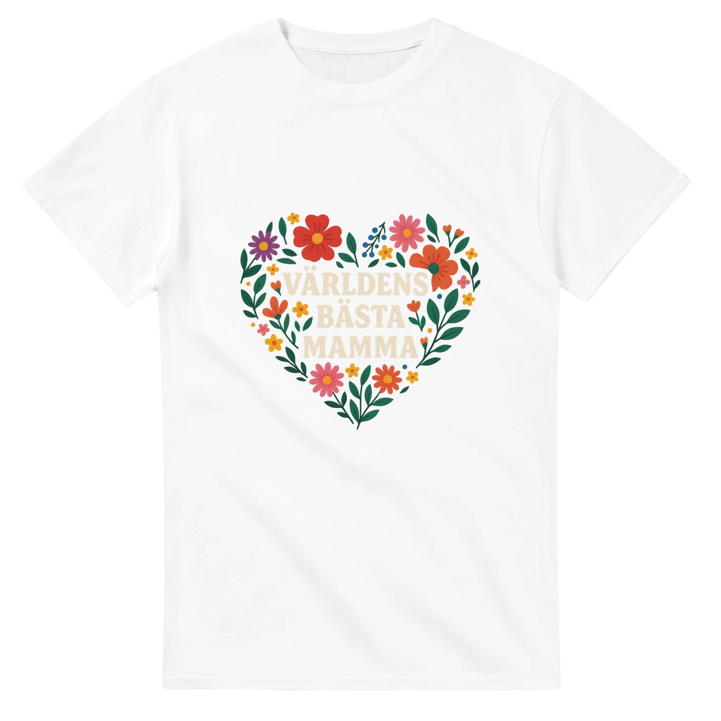 T-shirt med texten 'Världens bästa mamma' i ett hjärta av blommor. Perfekt gåva till mamma!