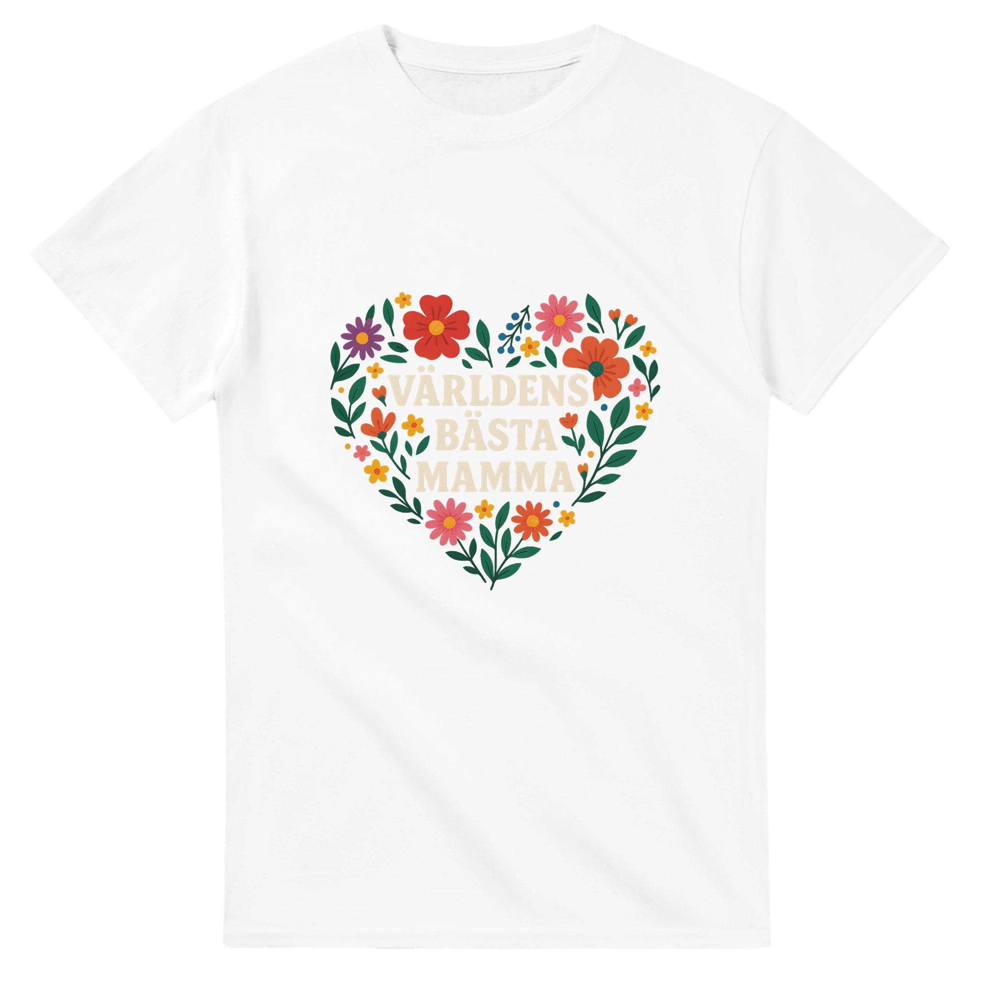 T-shirt med texten 'Världens bästa mamma' i ett hjärta av blommor. Perfekt gåva till mamma!