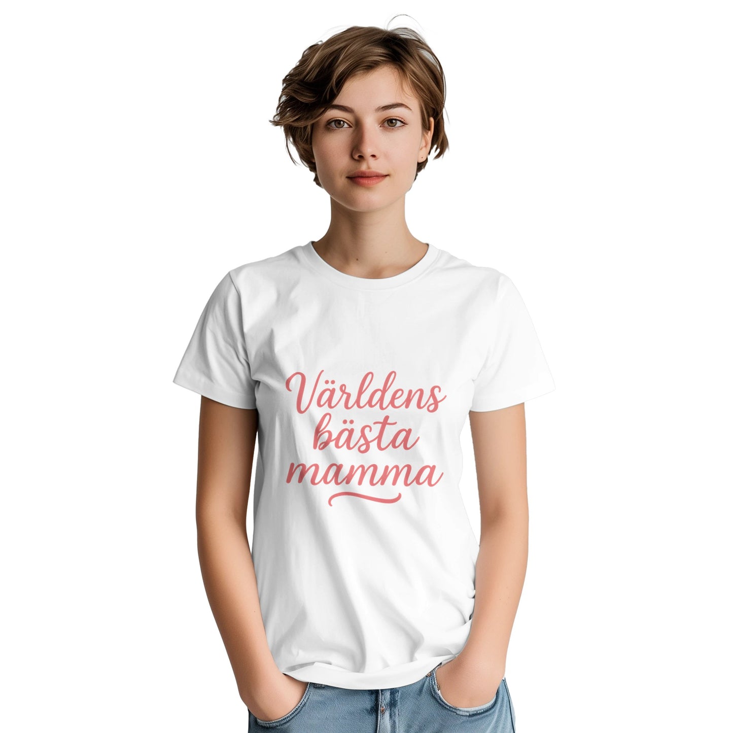 T-shirt med texten 'Världens bästa mamma' i svungen handskrift och varm rosa färg. Perfekt present till den bästa mamman!