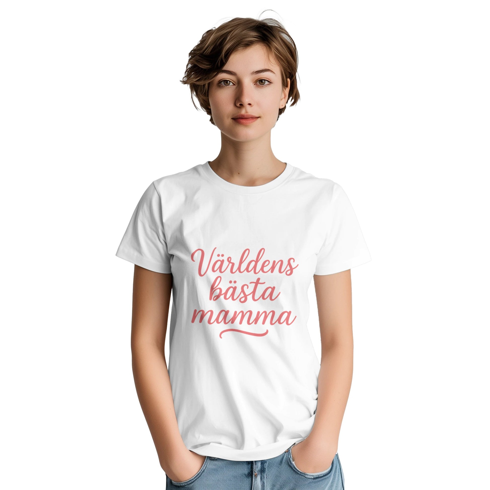T-shirt med texten 'Världens bästa mamma' i svungen handskrift och varm rosa färg. Perfekt present till den bästa mamman!