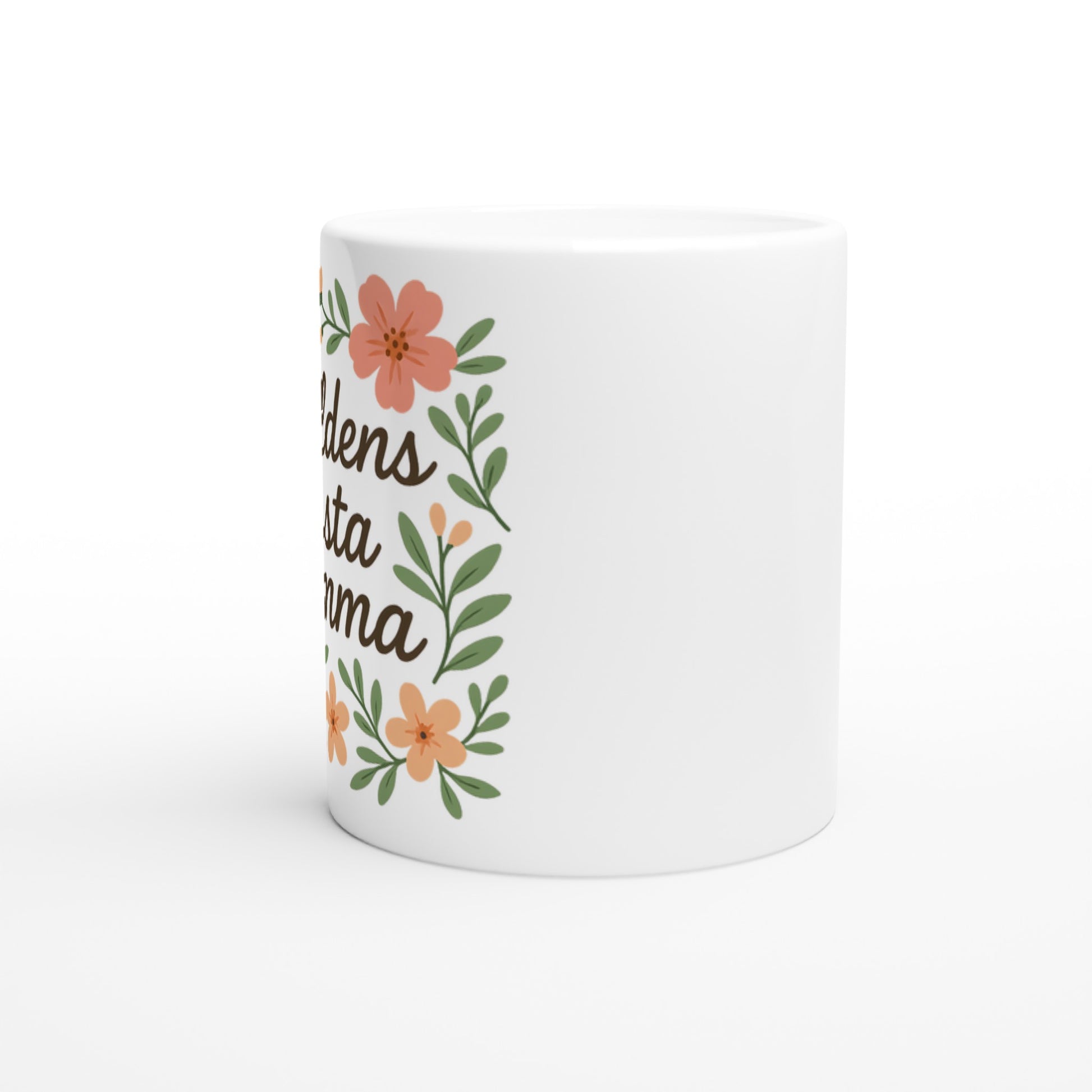 Elegant mugg med blommigt mönster, perfekt för att fira världens bästa mamma med en kopp kaffe.