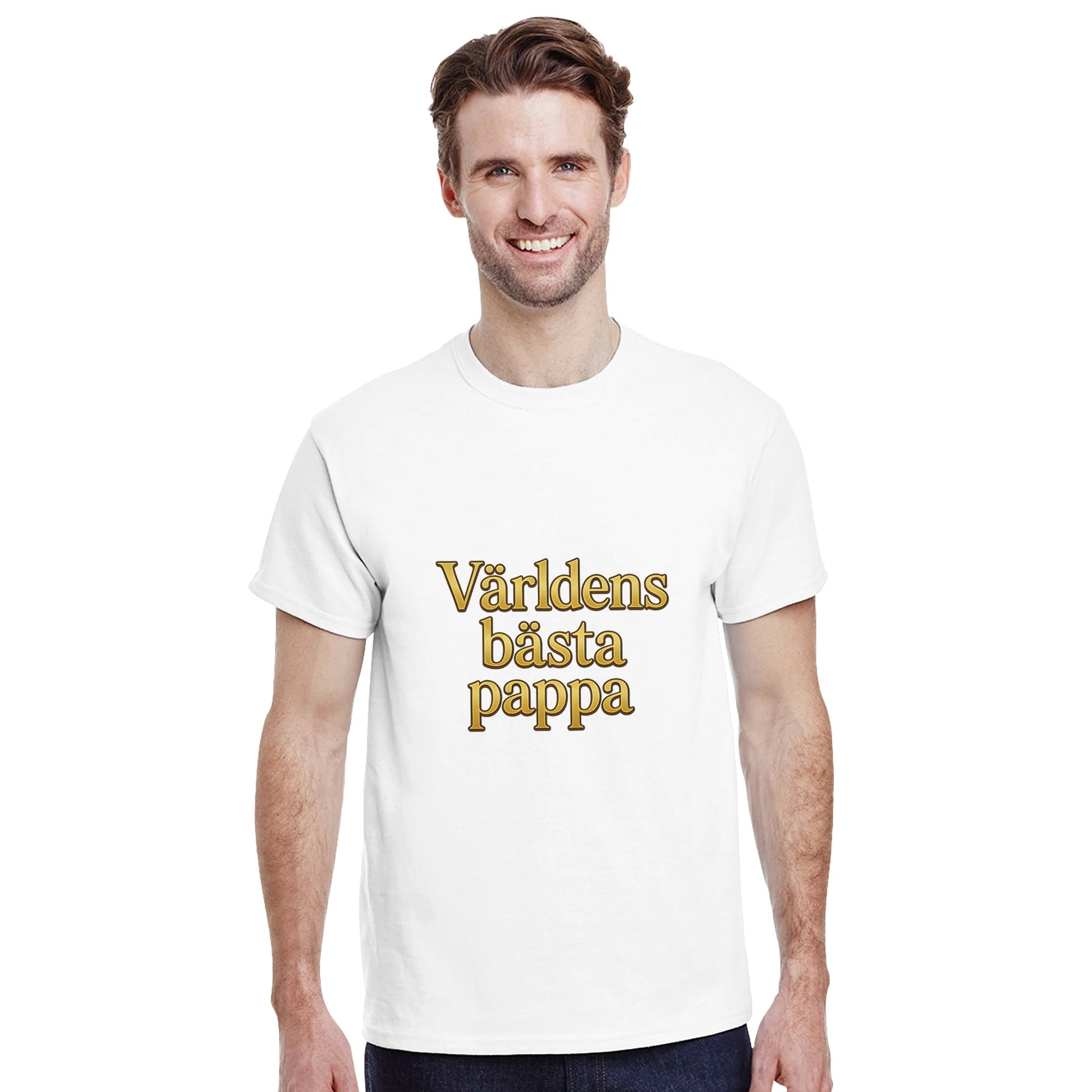 T-shirt med guldfärgad text 'Världens bästa pappa' i lyxig serif-font för en pampig känsla.