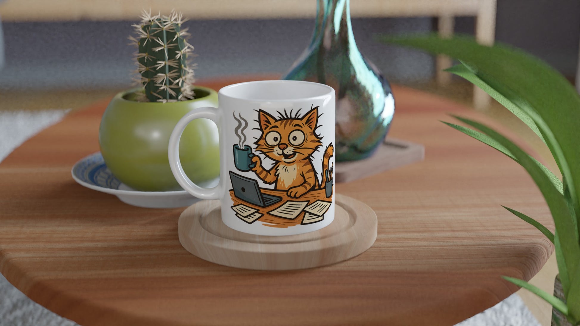 Kaffemugg med stressad kattmotiv, perfekt för kattälskare som kämpar med morgonkaffet. 