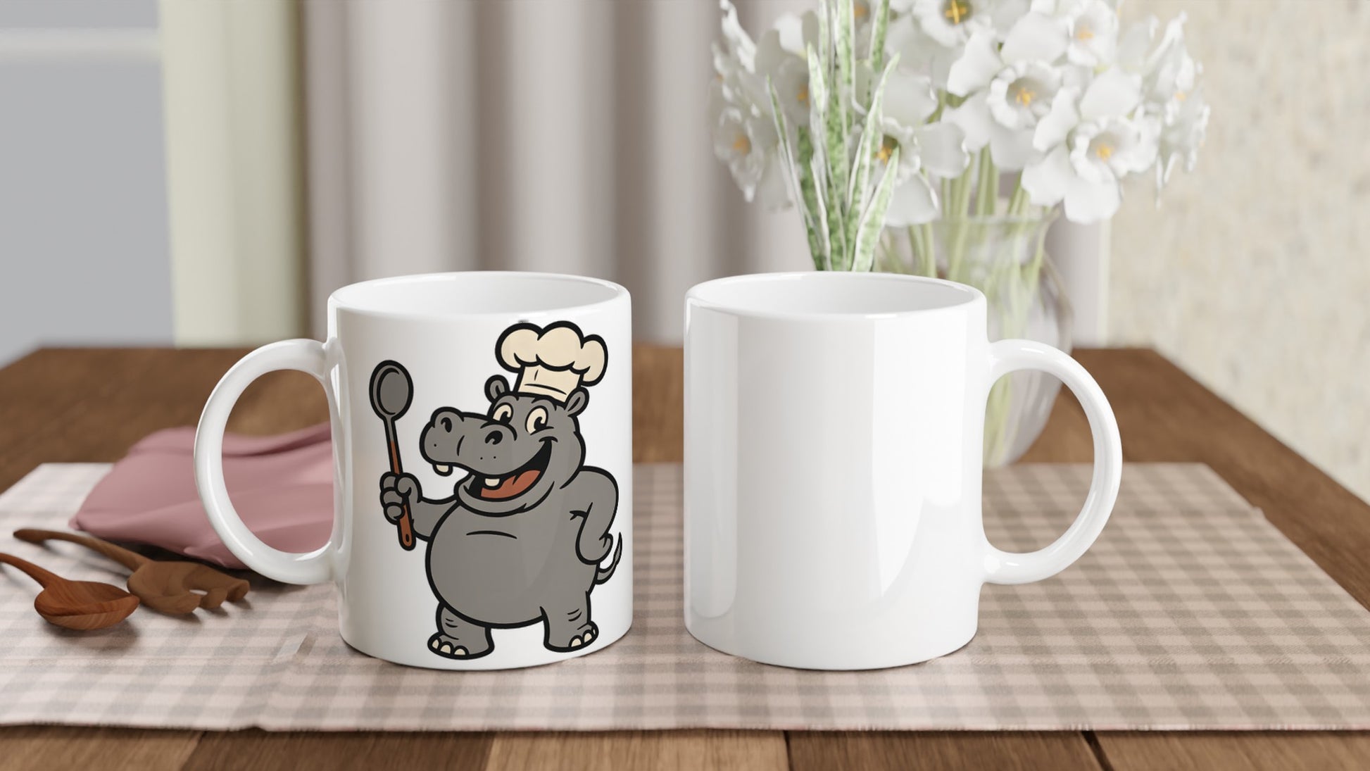 Kockflodhästmugg med rolig design, perfekt present för kockentusiasten. Flodhäst med kockmössa och slev.