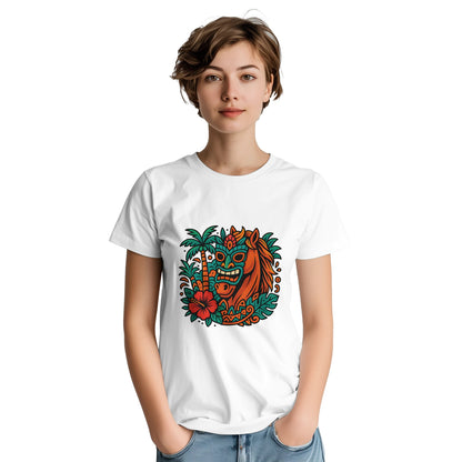 Tropisk häst med tiki-mask och färgglada mönster, en färgsprakande upplevelse!