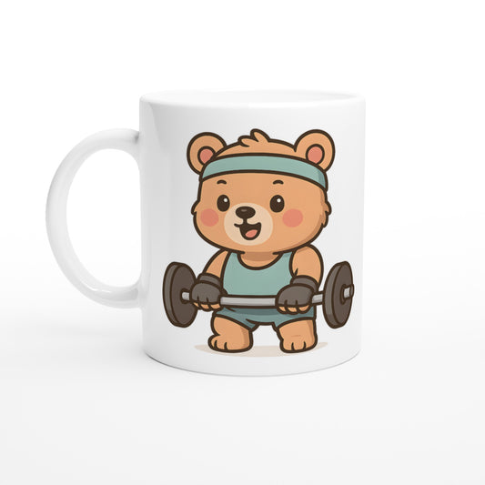 Stark björn i gymkläder tränar med pannband och handskar. Perfekt för att motivera på gymmet med humor.