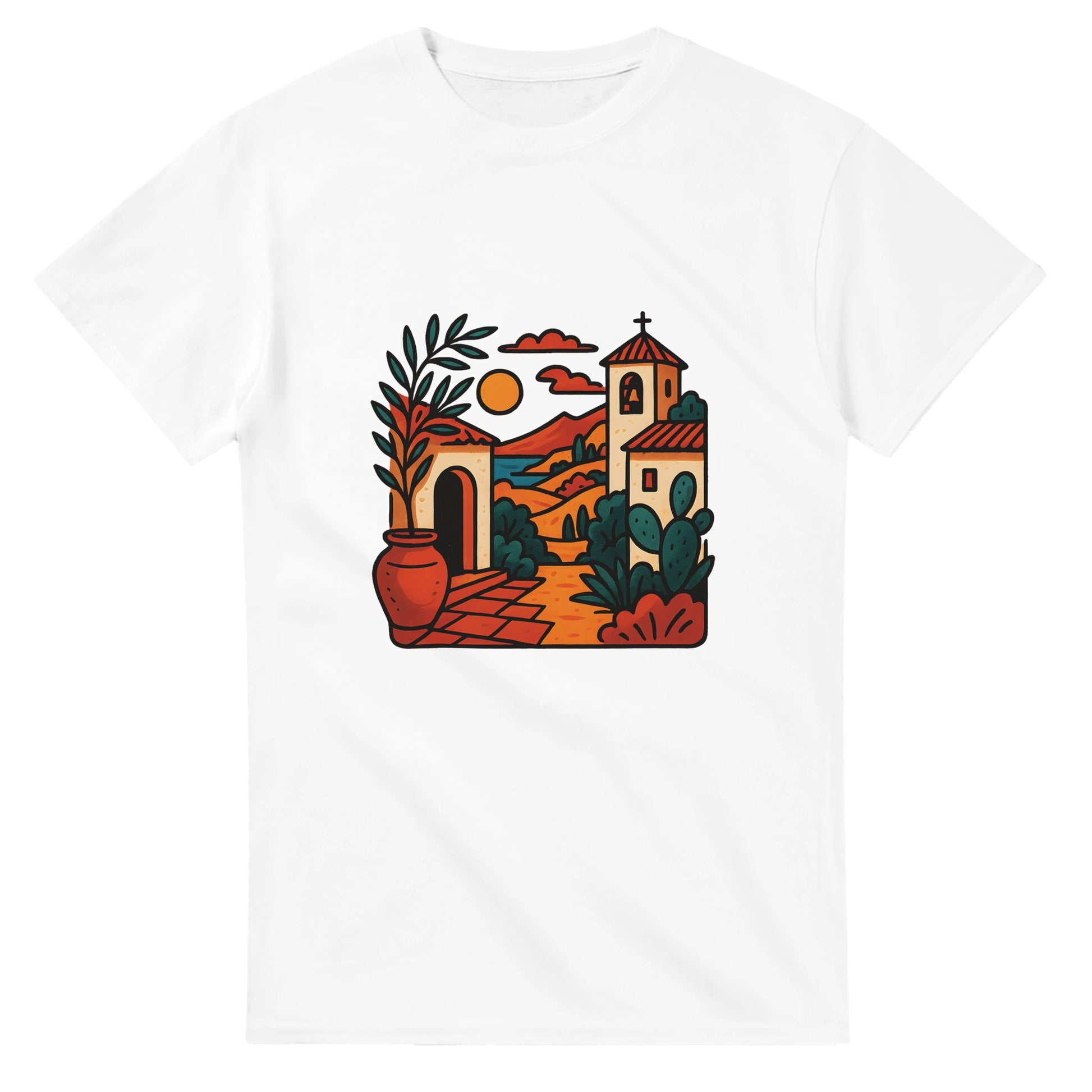 T-shirt med konstnärlig design som fångar Medelhavets charm och Spaniens varma kultur.