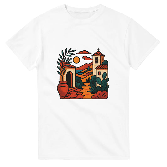 T-shirt med konstnärlig design som fångar Medelhavets charm och Spaniens varma kultur.