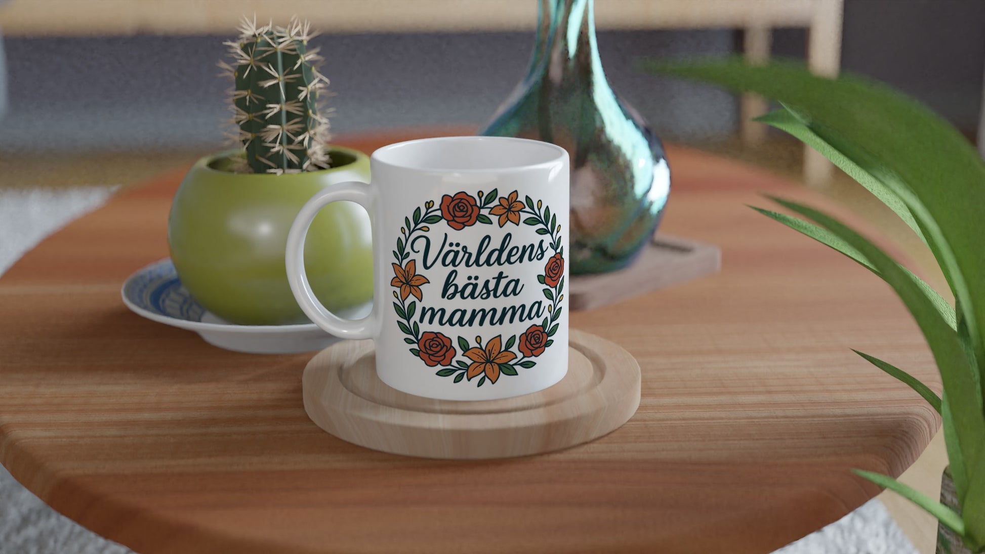 Mamma Magi - Blomkransmugg med handskriven text Världens bästa mamma och elegant blomkrans. Perfekt för den älskade mamman.