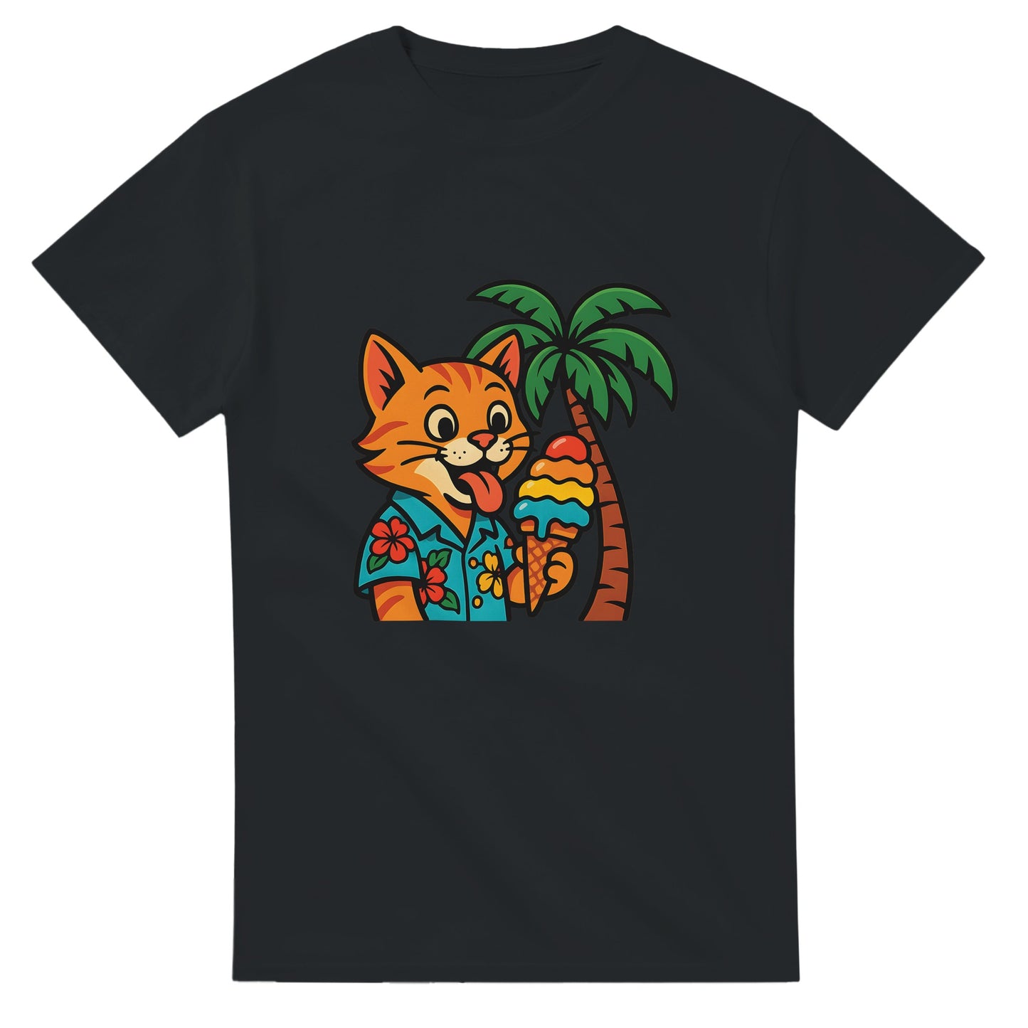 Katt i hawaiiskjorta slickar på regnbågsfärgad glass under palm.