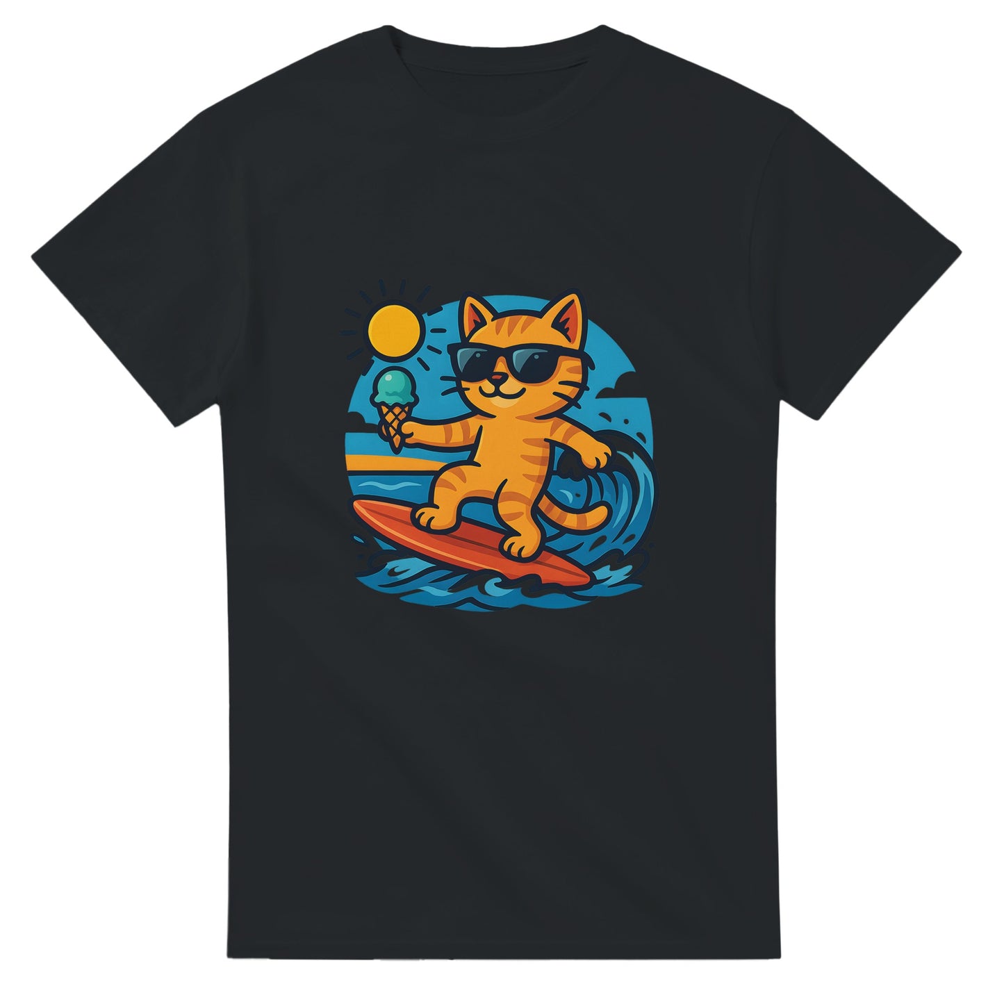 Katt i solglasögon balanserar glasskula på surfbräda vid stranden.