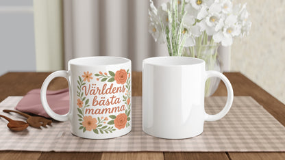 Mugg med texten 'Världens bästa mamma' i blomsterdesign. Överraska mamma och visa din kärlek varje dag. Perfekt present!