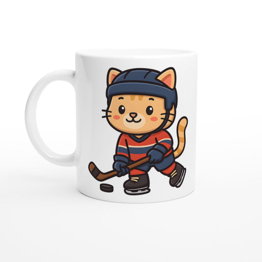 Söt ishockeykatt i matchkläder, redo för spel. Perfekt för katt- och ishockeyälskare.