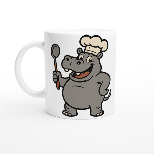 Kockflodhästmugg med rolig design, perfekt present för kockentusiasten. Flodhäst med kockmössa och slev.