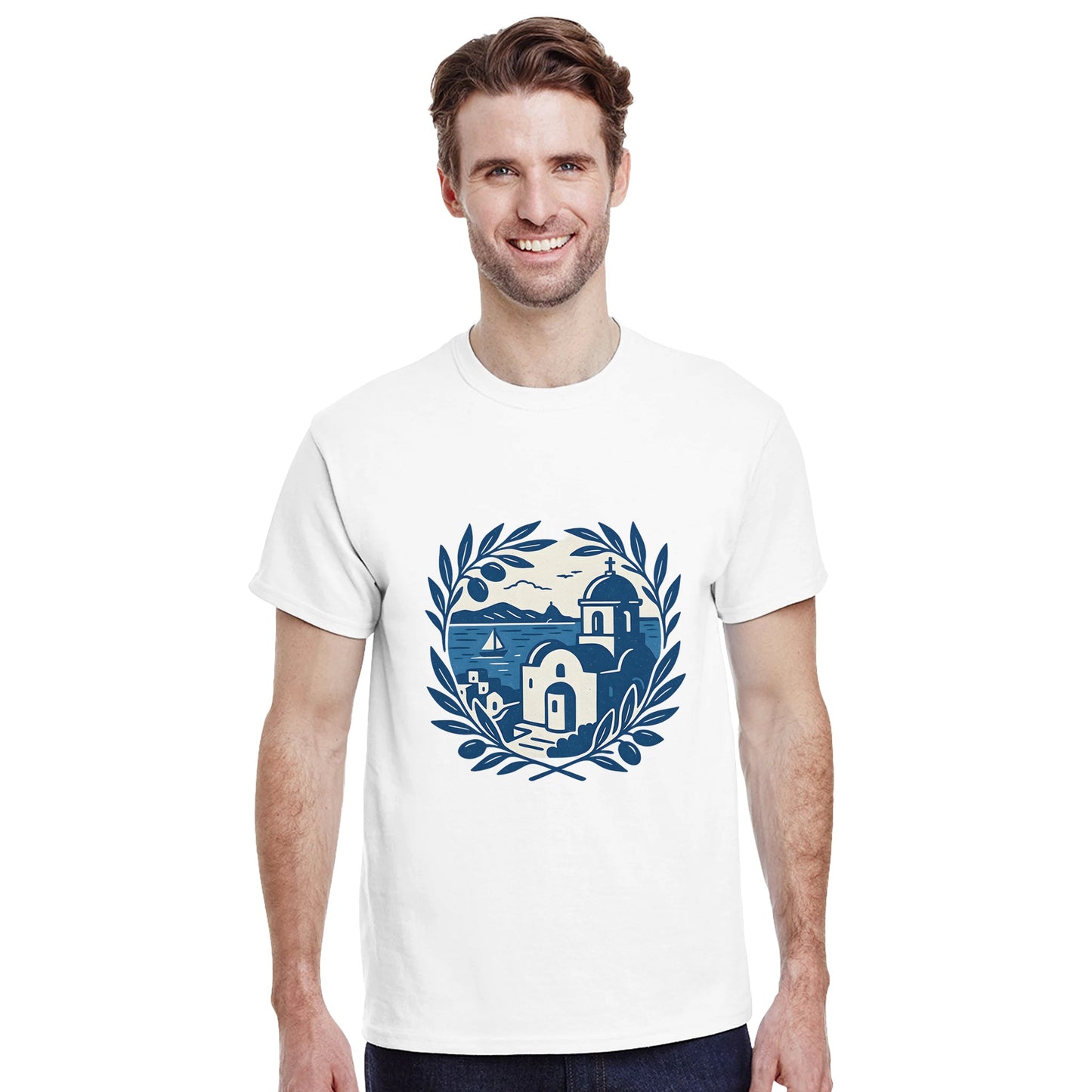 Vintage T-shirt med blåvitt kustlandskap för dig som älskar Greklands charm. Upplev Greklands kust varje dag.