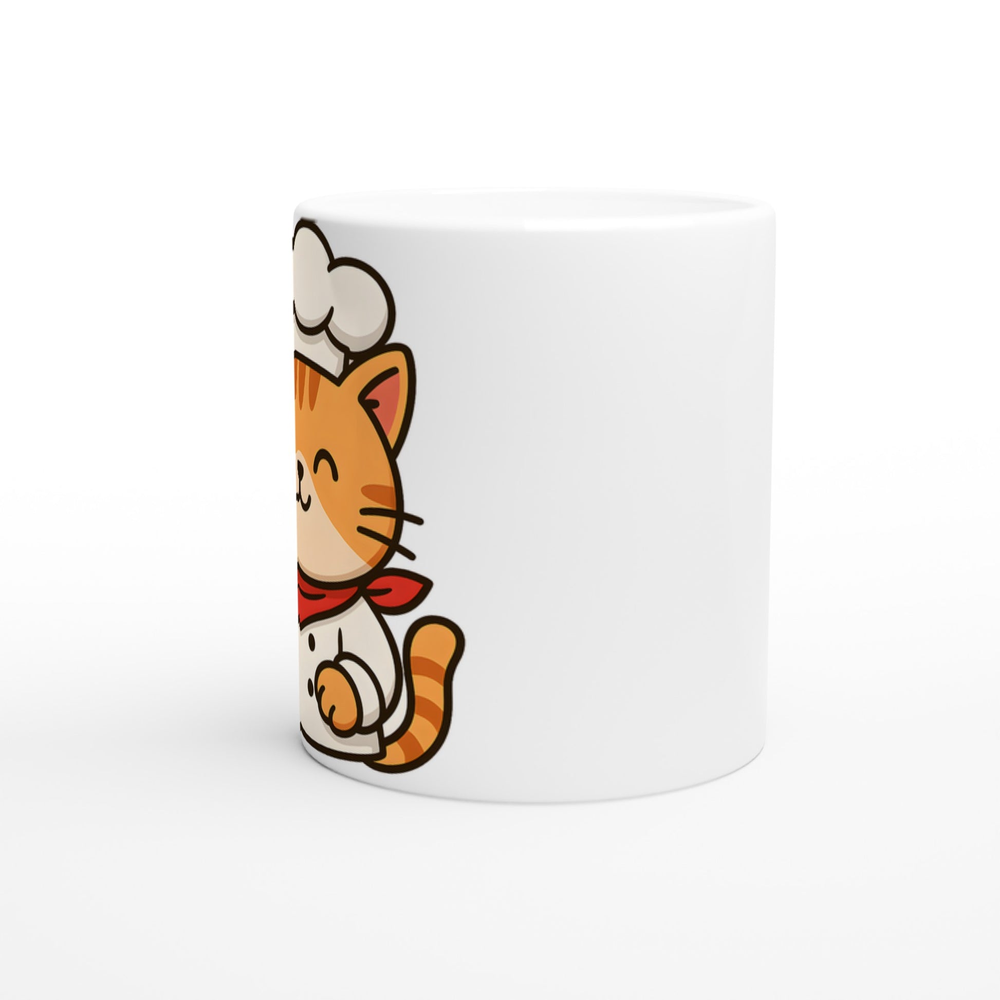 Mugg med katt i kockmössa och slev. Perfekt för kattälskande kockar!