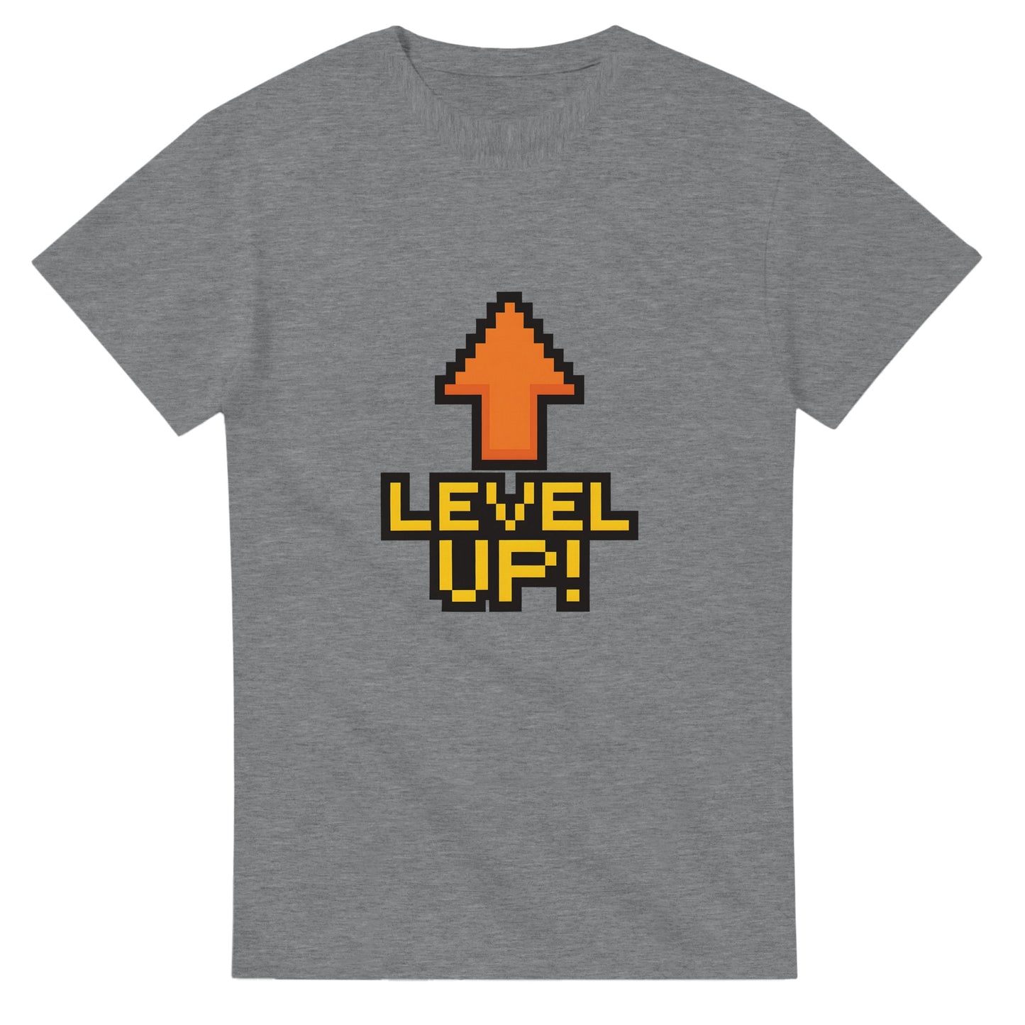 T-shirt med pixelart-motiv av stigande pil och texten 'Level Up!', inspirerad av retro tv-spel.