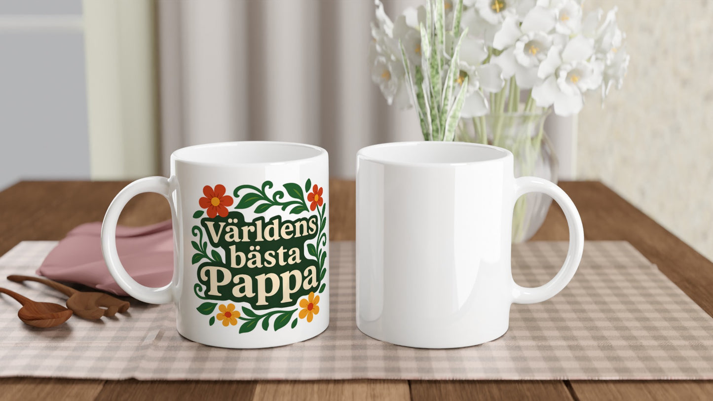 Mugg med florala element och texten Världens bästa pappa. Stilfull och mjuk design för en balanserad känsla.